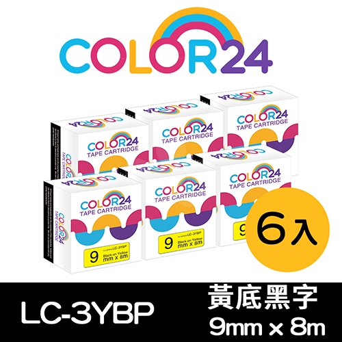 【COLOR24】for EPSON LC-3YBP / LK-3YBP 黃底黑字相容標籤帶(寬度9mm) / 6入組