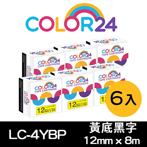 【COLOR24】for EPSON LC-4YBP / LK-4YBP 黃底黑字相容標籤帶(寬度12mm) / 6入組