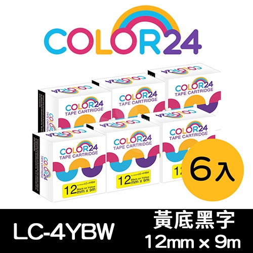 【COLOR24】for EPSON LC-4YBW / LK-4YBW 高黏性系列黃底黑字相容標籤帶(寬度12mm) / 6入組