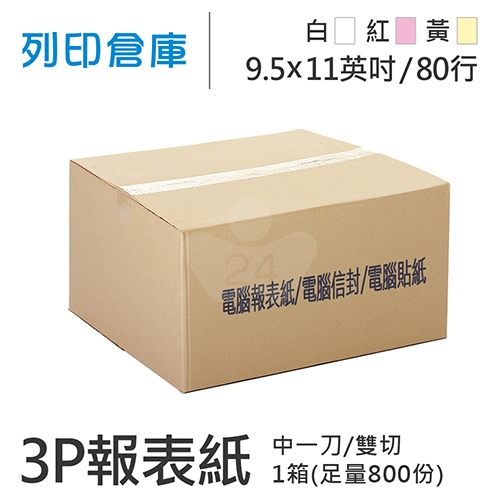 【電腦連續報表紙】 80行 9.5*11*3P 白紅黃/ 雙切 中一刀 /超值組1箱(足量800份)