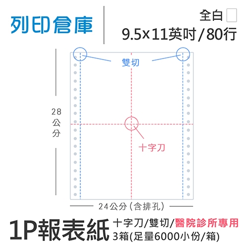 【電腦連續報表紙】醫院診所報表紙 80行 9.5*11*1P / 雙切 十字刀 / 超值組３箱 (足量6000小份/箱)